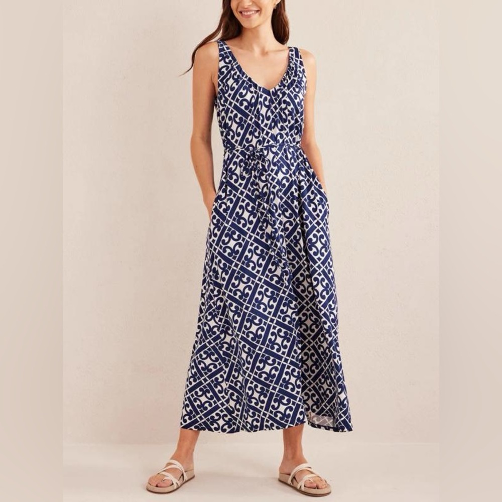 Boden V neck Jersey Maxi Dress Prussian Blue, Tranquil Geo sz 20